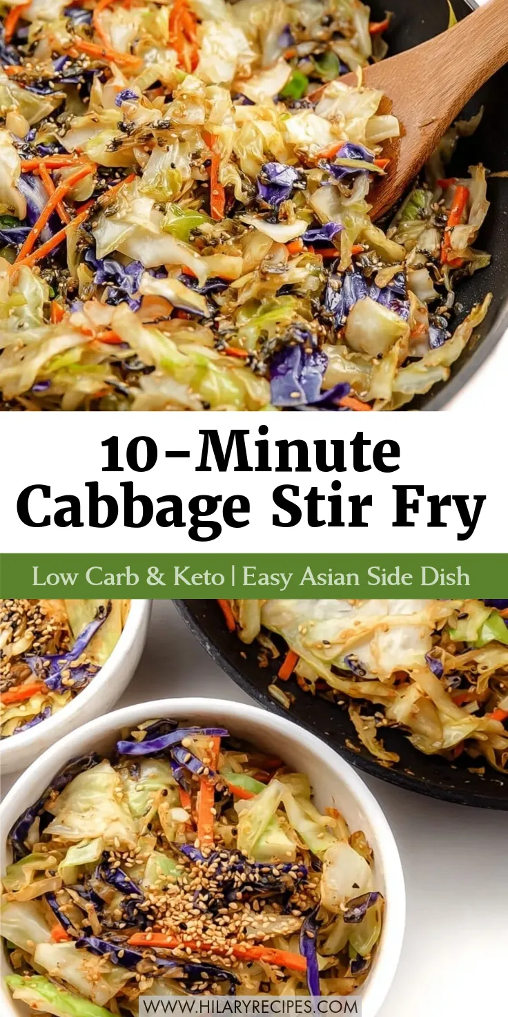 Simple Cabbage Stir Fry pin A composite Pinterest image showing a close-up of simple cabbage stir fry cooking in a black wok with a wooden spoon (top) and served in white bowls garnished with sesame seeds (bottom). Text overlay reads "10-Minute Cabbage Stir Fry: Low Carb & Keto | Easy Asian Side Dish."