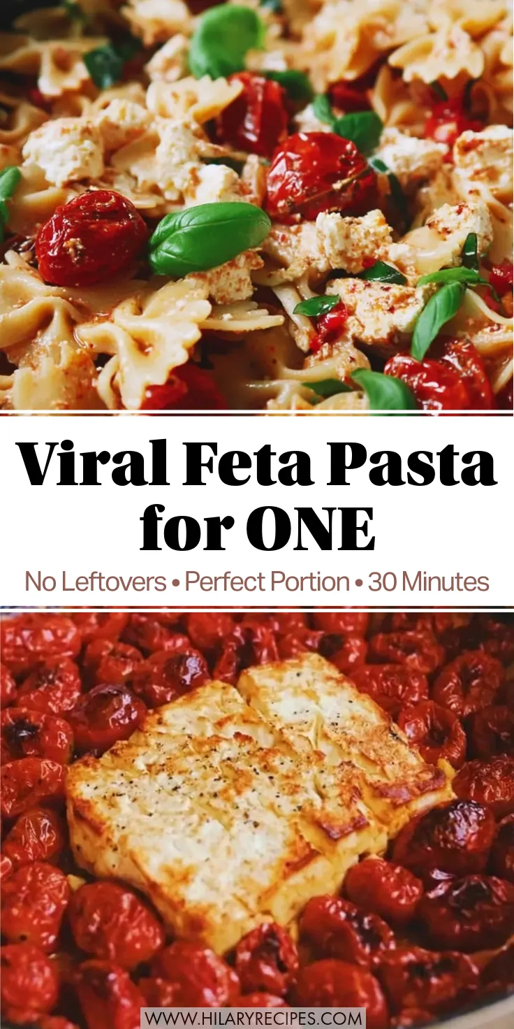 Single-Serving Baked Feta Pasta pin Pinterest graphic for Single Serving Baked Feta Pasta featuring a split image: the top shows finished creamy bowtie pasta with fresh basil, and the bottom shows a golden baked feta block surrounded by roasted cherry tomatoes. Text overlay reads: "Viral Feta Pasta for ONE."