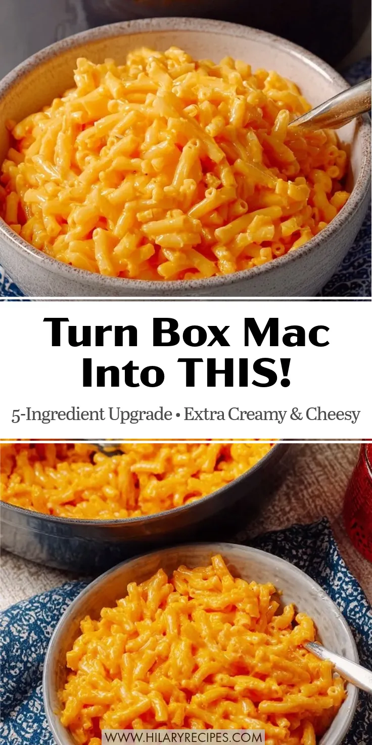 boxed mac and cheese upgrade pin Vertical Pinterest graphic showing two views of glossy, ultra-creamy macaroni and cheese in ceramic bowls. Text overlay reads: "Turn Box Mac Into THIS! 5-Ingredient Upgrade • Extra Creamy & Cheesy" with the website URL at the bottom.