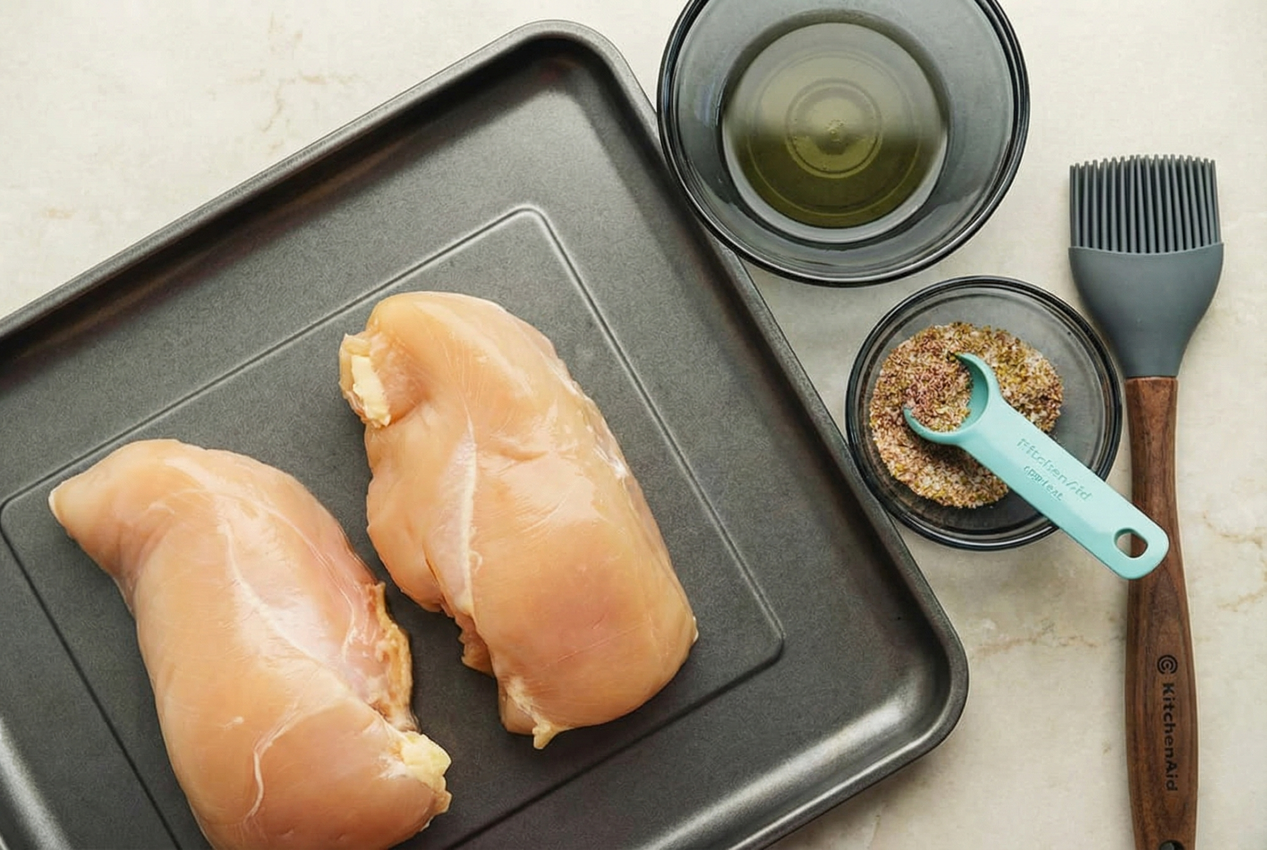 ir fryer chicken breast preparation ingredients Overhead view of air fryer chicken breast preparation ingredients. Two raw chicken breasts rest on a dark gray baking sheet next to a bowl of oil, a bowl of custom seasoning blend with a teal measuring spoon, and a dark wood-handled silicone brush, all set against a creamy stone countertop.