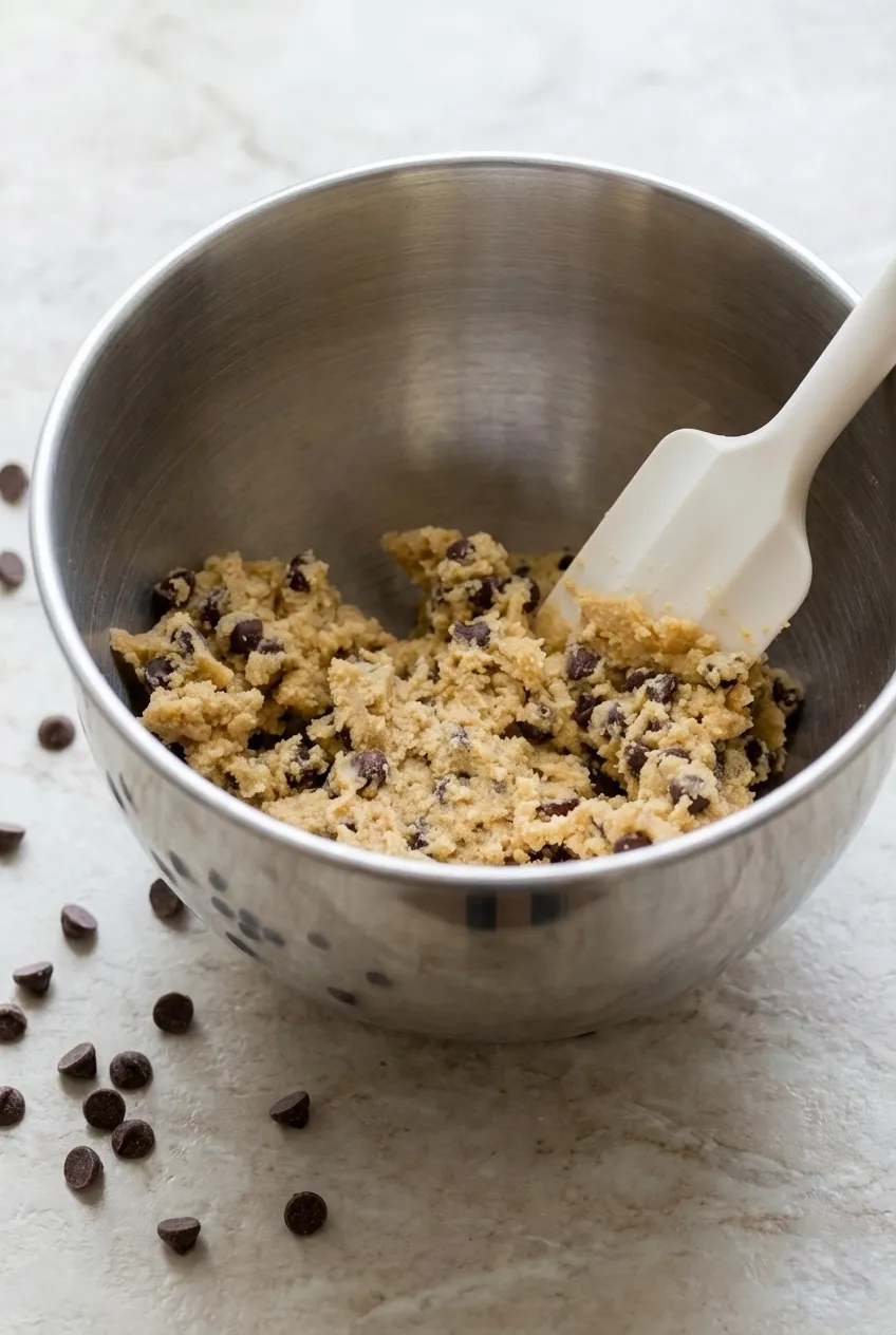 Small batch chocolate chip cookie dough mixed in a stainless steel bowl with a white spatula, sitting on a creamy stone countertop with scattered chocolate chips.