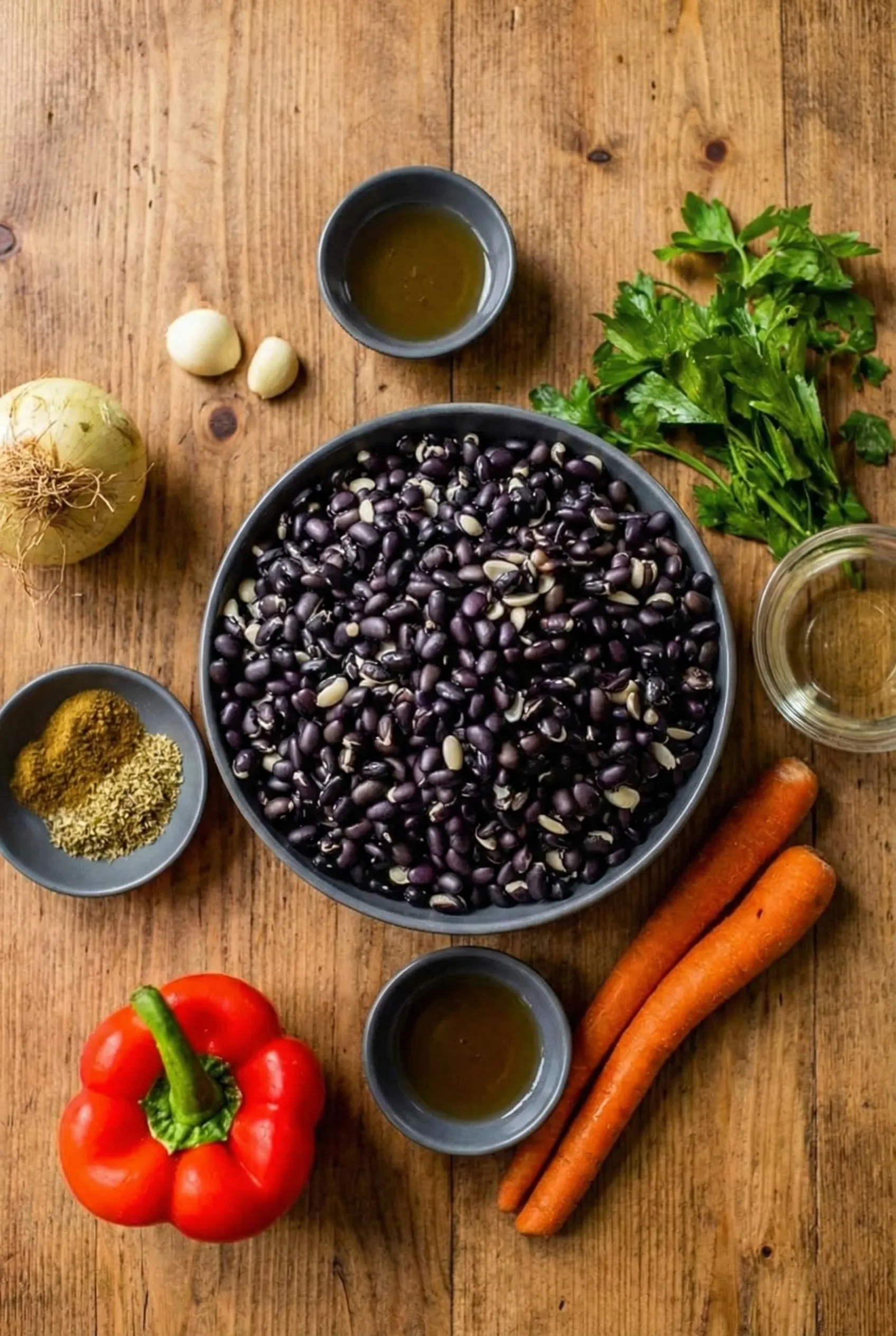 Top-down flat lay of ingredients for freezer-friendly black bean soup base, including a bowl of dried black beans, red bell pepper, carrots, onion, fresh parsley, and spices on a wooden table.