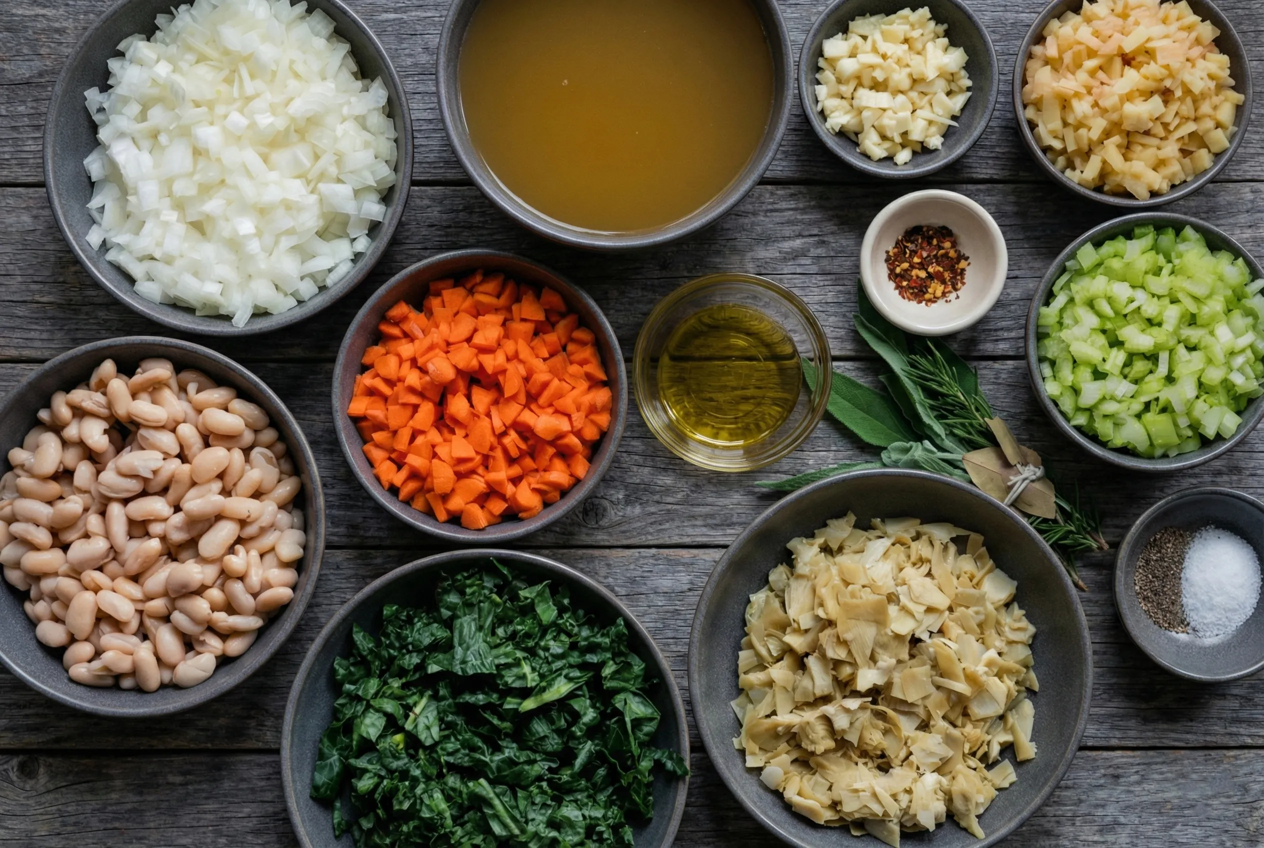 Top-down flat lay view of ingredients for Tuscan white bean and kale soup arranged in bowls on a rustic wooden table. Includes cannellini beans, chopped kale, diced carrots, onions, celery, vegetable broth, olive oil, and spices.