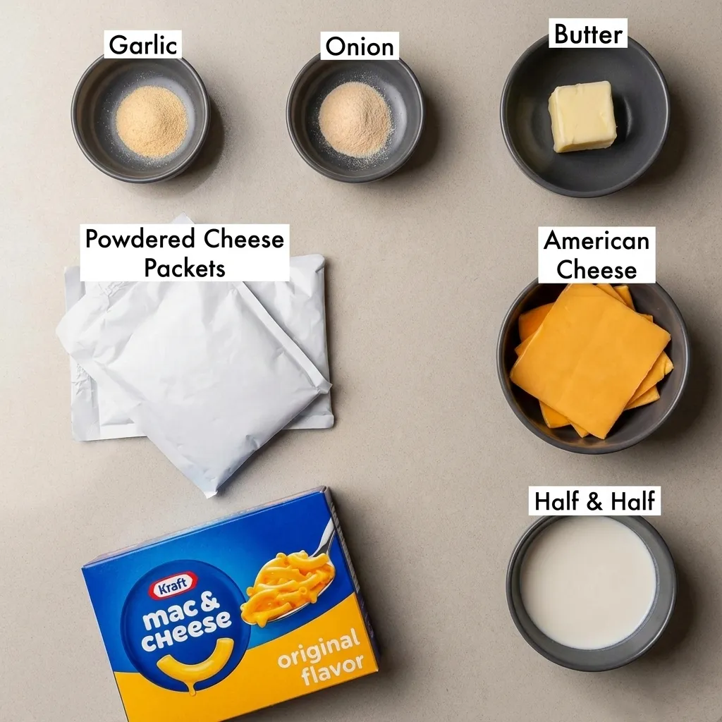ingredients for upgrading boxed mac and cheese Overhead shot of ingredients for upgrading boxed mac and cheese arranged on a creamy grey countertop. Includes small dark grey bowls containing garlic powder, onion powder, butter, American cheese slices, and half-and-half, alongside two silver cheese powder packets and a blue box of Kraft Mac & Cheese.