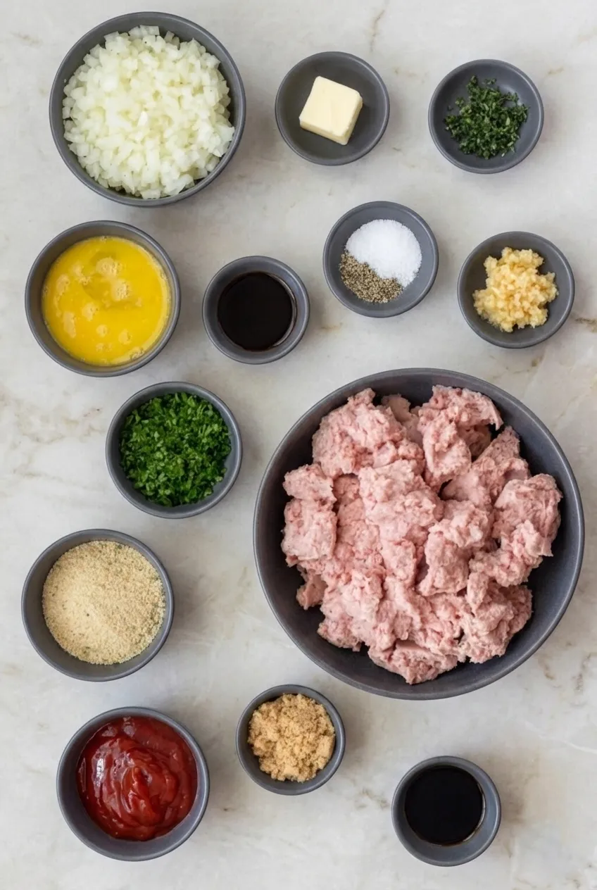 ingredients for mini turkey meatloaf for two An overhead flat lay shot of prepped ingredients for mini turkey meatloaf for two, featuring ground turkey, diced onions, beaten eggs, breadcrumbs, and glaze ingredients arranged in small gray bowls on a marble counter.