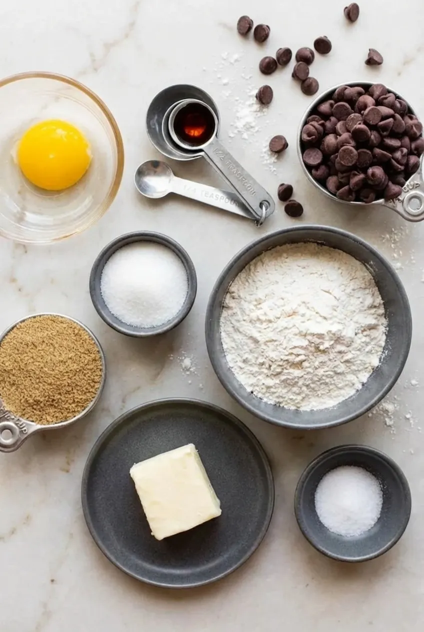 Overhead flat lay of baking ingredients for small batch chocolate chip cookies arranged on a white marble surface, including an egg yolk, a pat of butter, brown sugar, granulated sugar, flour, vanilla extract, and a cup of chocolate chips.