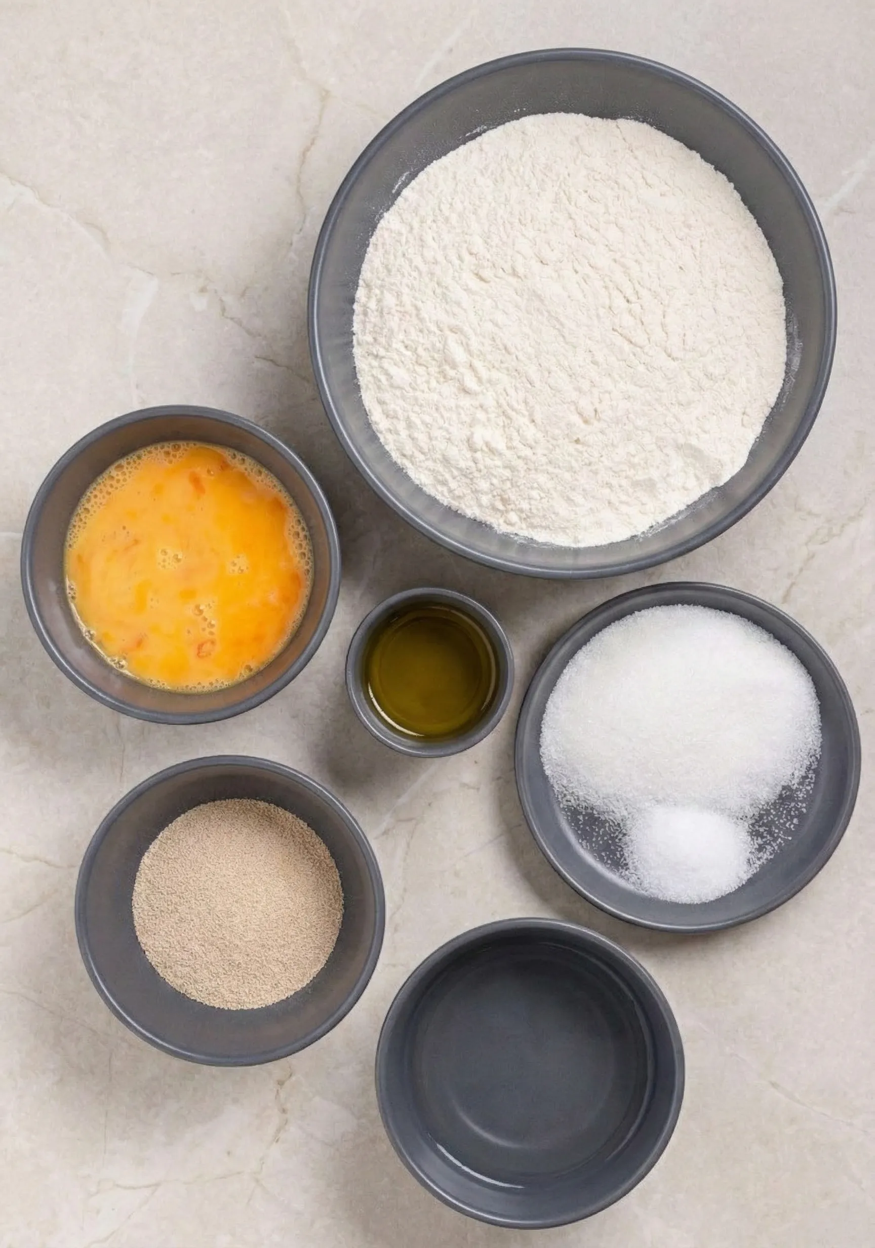 Overhead flat lay of ingredients for small batch overnight yeasted rolls, including all-purpose flour, beaten egg, active dry yeast, olive oil, sugar, salt, and water in grey bowls.