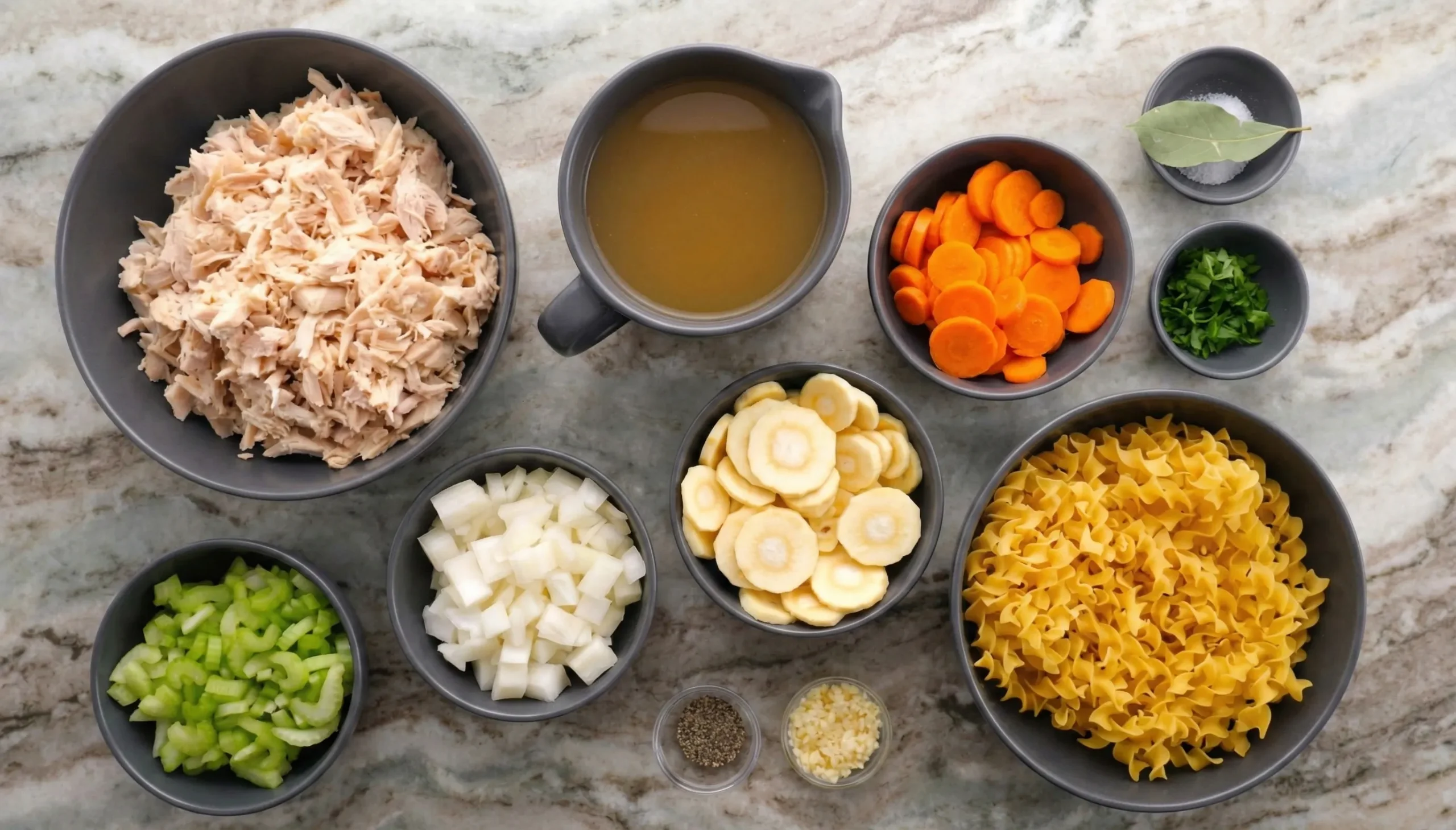 Overhead flat-lay of fresh ingredients for rotisserie chicken pot pie soup organized in grey bowls, including shredded chicken, egg noodles, chicken broth, sliced carrots, parsnips, diced onion, and celery on a marble counter.