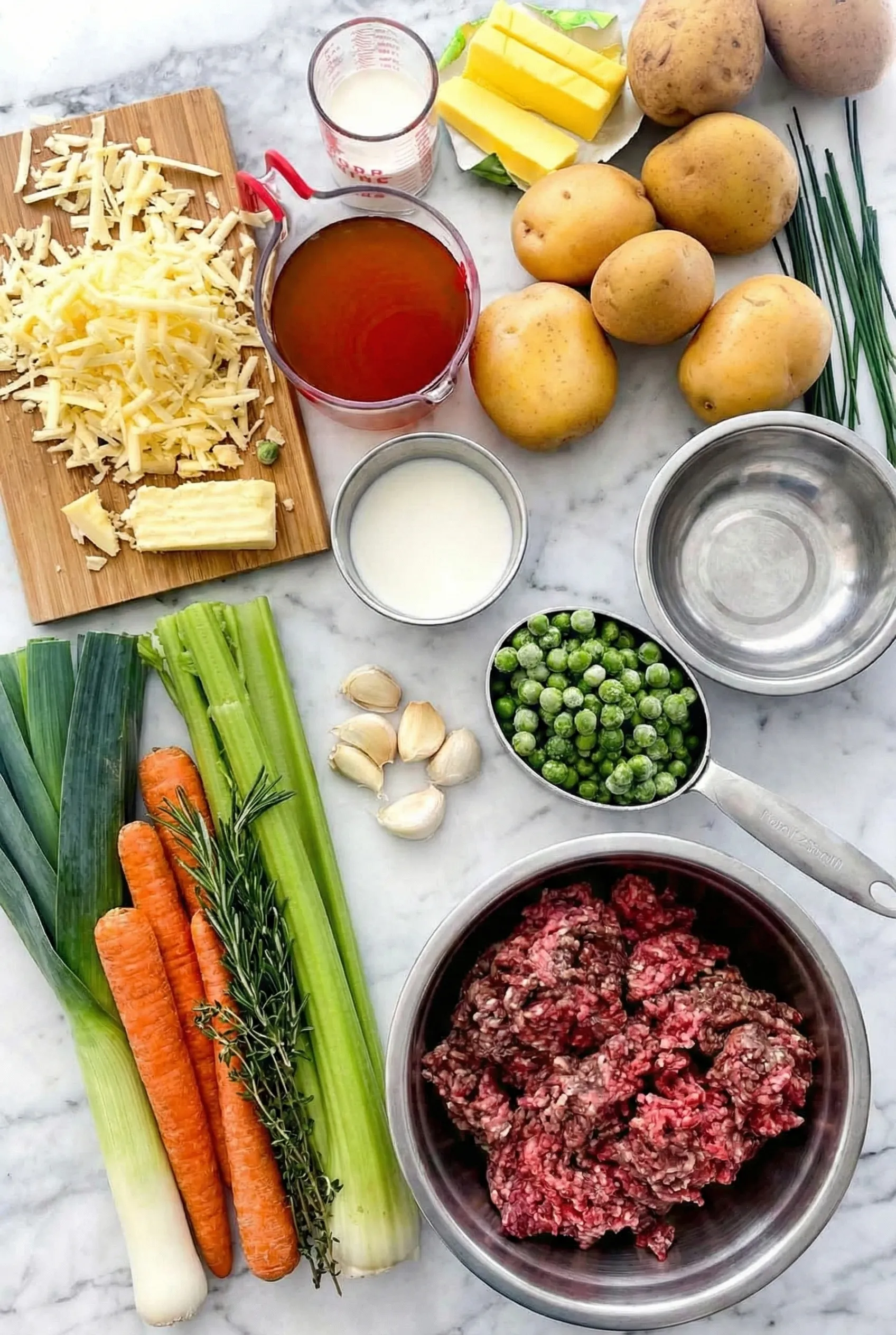 fresh ingredients for Beef Stew Shepherd's Pie A bright, overhead flat lay of fresh ingredients for Beef Stew Shepherd's Pie arranged on a marble counter, including a bowl of ground beef, Yukon gold potatoes, carrots, celery, leeks, shredded cheese, beef broth, frozen peas, and fresh herbs.