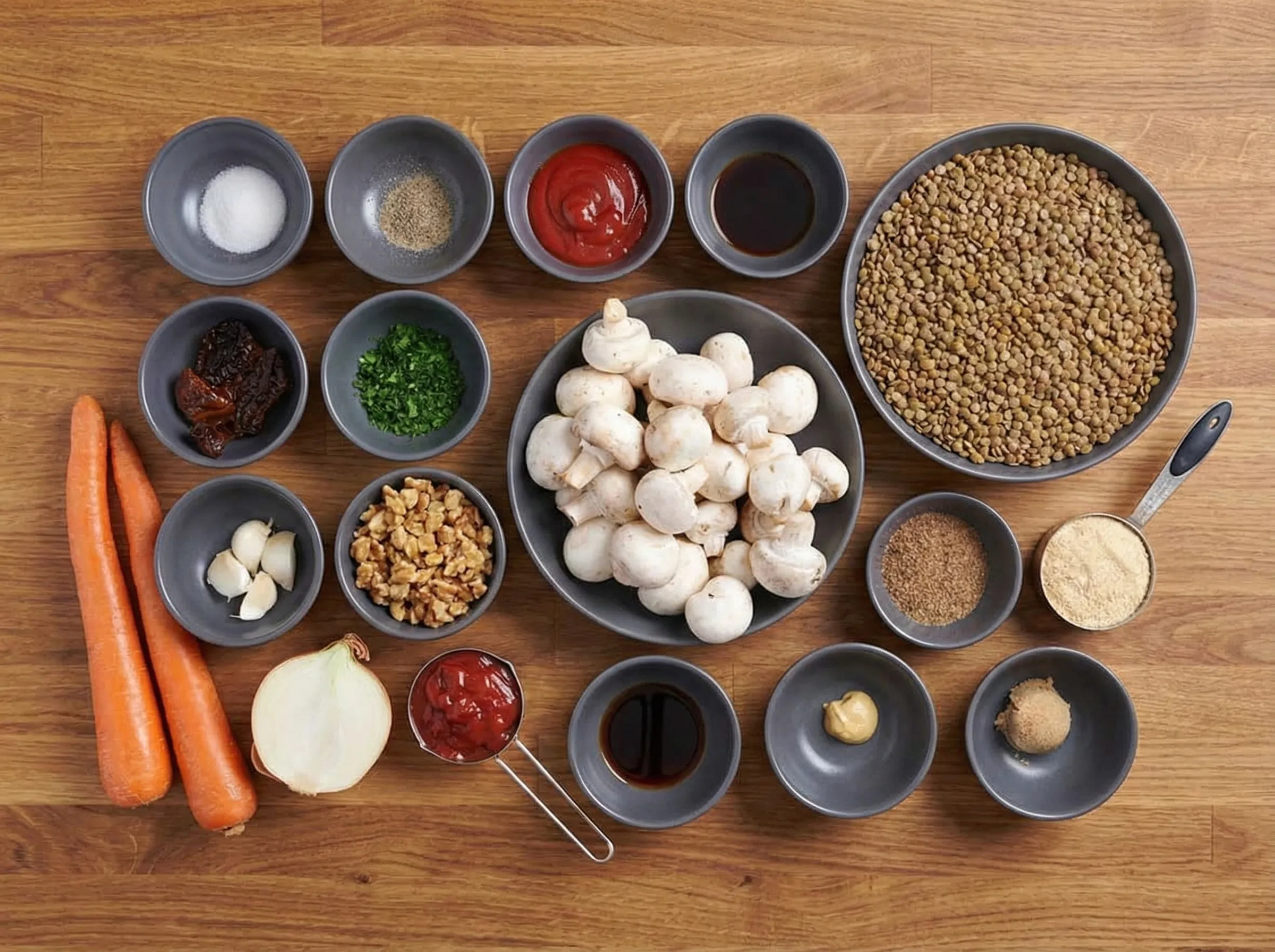 Overhead flat lay of ingredients for Budget-Friendly Lentil Loaf arranged on a wooden table, including cooked lentils, white mushrooms, carrots, walnuts, spices, and sauces.