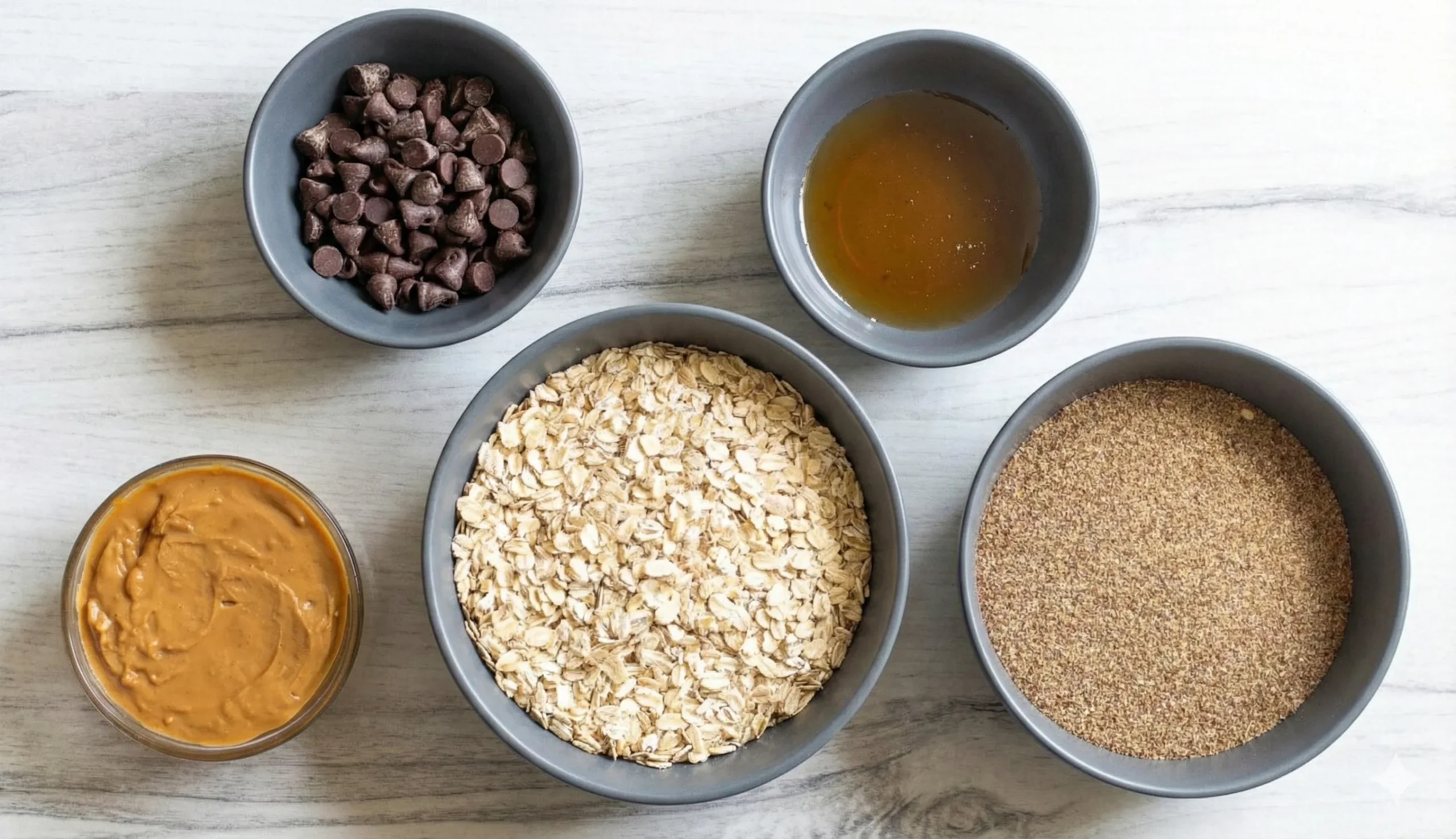 Overhead view of the five ingredients for No-Bake Energy Bites arranged in gray bowls on a marble surface: creamy peanut butter, old fashioned oats, ground flax seeds, honey, and mini chocolate chips.