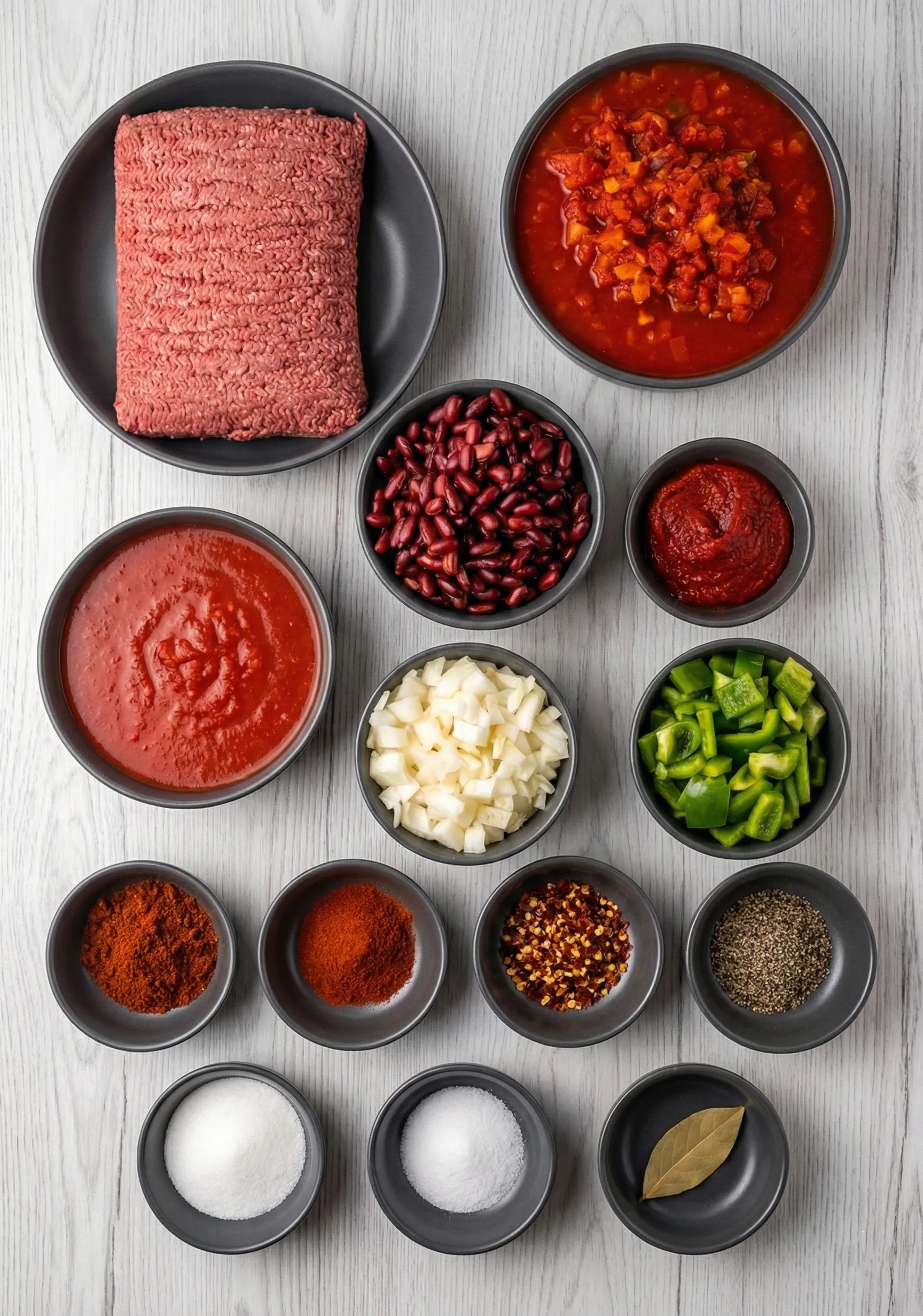 Top-down flat lay of big batch chili ingredients organized in matte grey bowls on a light wood surface. The spread includes raw ground beef, diced tomatoes, tomato sauce, kidney beans, chopped white onions, green bell peppers, and small bowls containing chili powder, spices, salt, sugar, and a bay leaf.