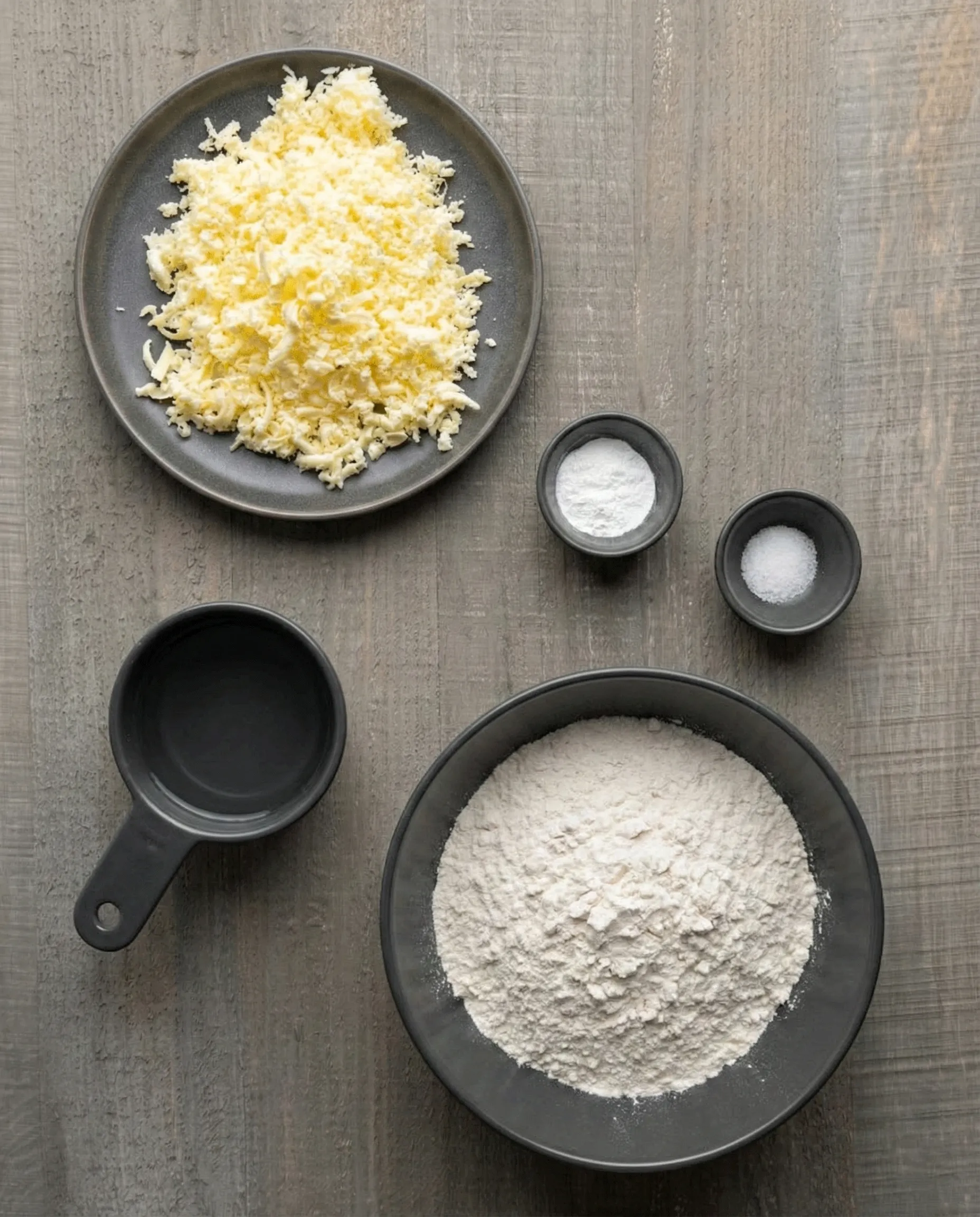 Overhead flat lay of ingredients for no-roll drop biscuits on a gray wooden surface, including a large bowl of all-purpose flour, a plate of shredded cold butter, a measuring cup of milk, and small bowls of baking powder and salt.