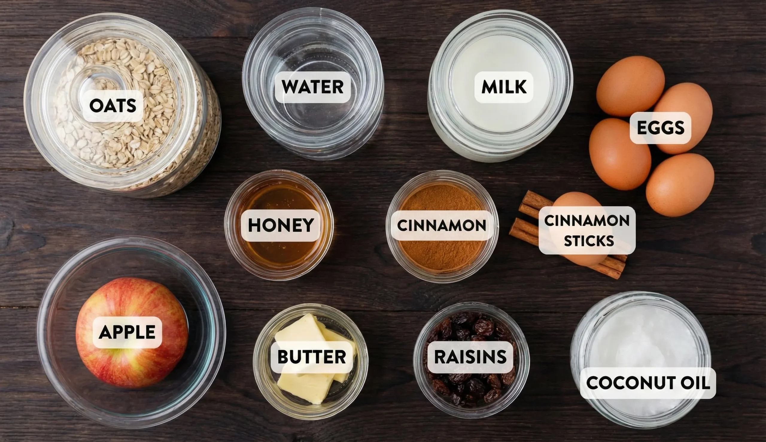 Overhead flat lay of large batch baked oatmeal ingredients arranged on a dark wooden table, featuring labeled glass bowls and jars containing rolled oats, water, milk, four brown eggs, honey, ground cinnamon, cinnamon sticks, a fresh apple, butter, raisins, and coconut oil.
