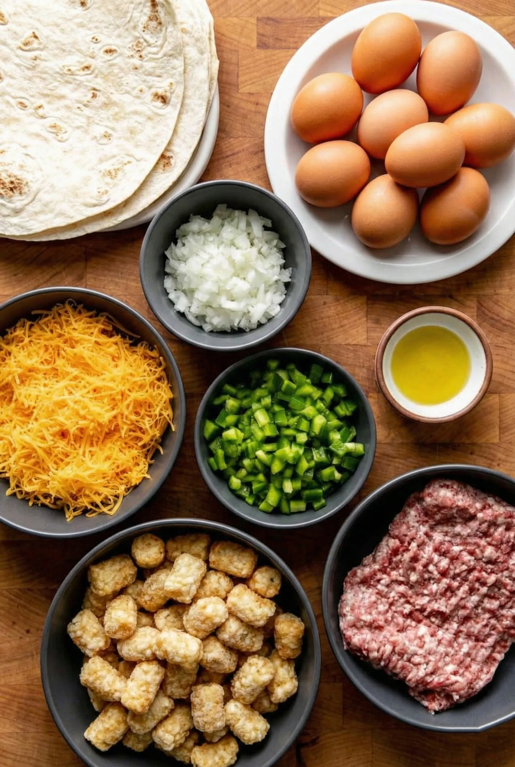 make-ahead burrito filling ingredients An overhead flat-lay shot of the ingredients for make-ahead burrito filling arranged on a wooden butcher block. The spread includes a stack of flour tortillas, a plate of brown eggs, and separate bowls containing frozen tater tots, raw ground turkey sausage, shredded cheddar cheese, diced green bell peppers, chopped white onions, and olive oil.