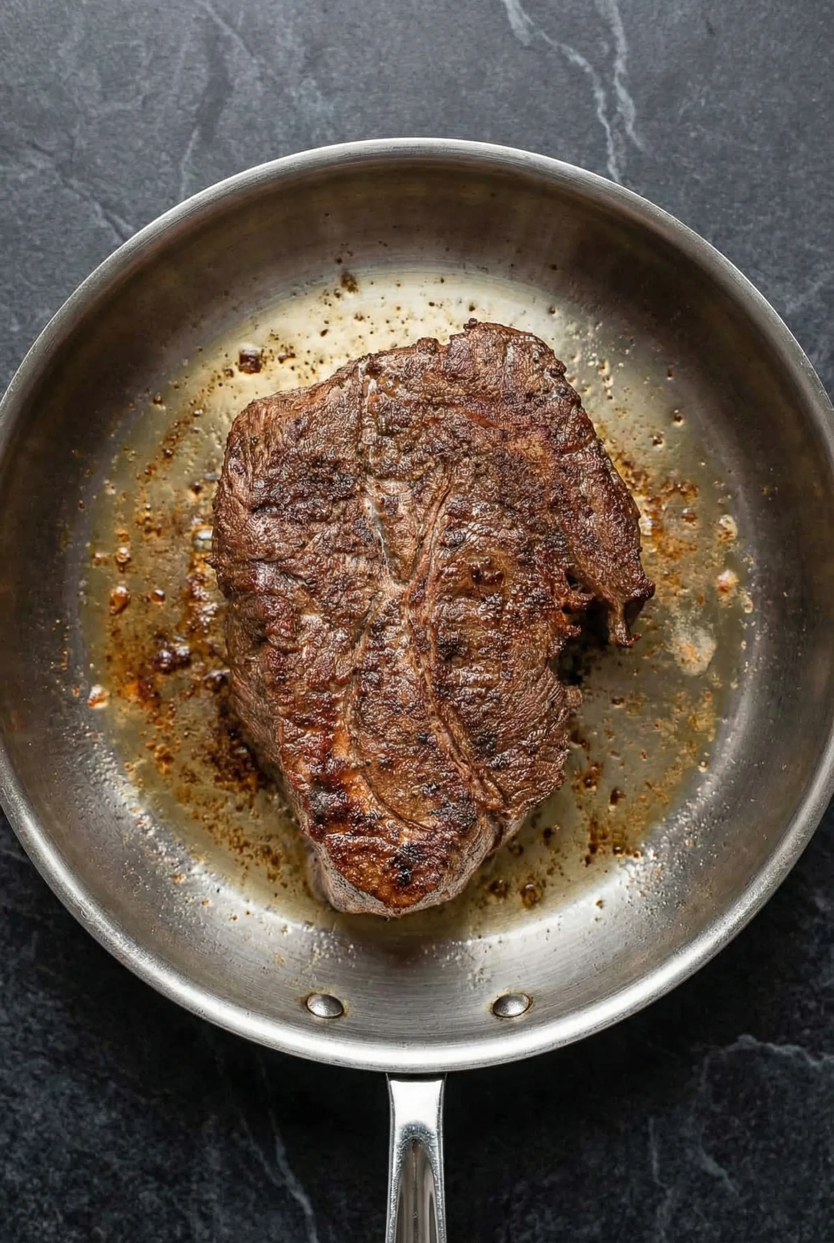Top-down view of a large beef chuck roast seared to a deep brown crust inside a stainless steel skillet.