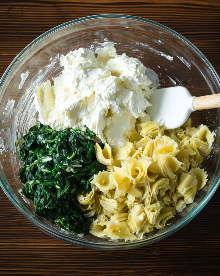 Overhead shot of a glass mixing bowl containing chopped spinach, artichoke hearts, and a creamy white base with a spatula, ready to be mixed.