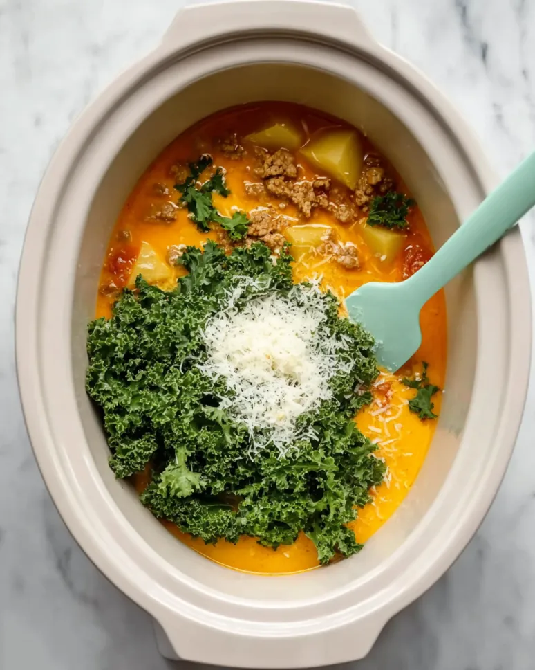Overhead view of a white slow cooker containing creamy Zuppa Toscana soup base, topped with a large mound of fresh curly kale and grated cheese, ready to be stirred in with a mint green spatula.