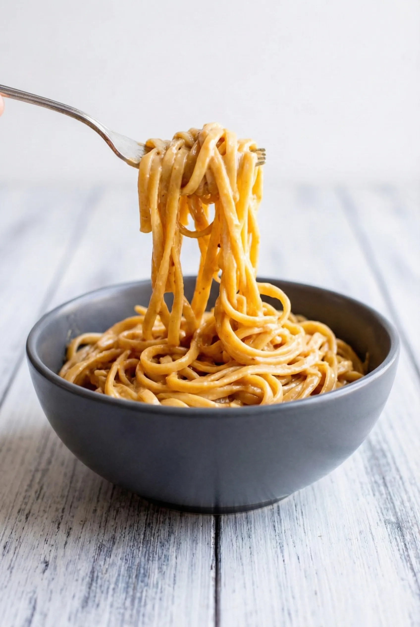 A silver fork lifting a large swirl of creamy spicy peanut butter noodles from a matte dark grey bowl on a light whitewashed wooden table.