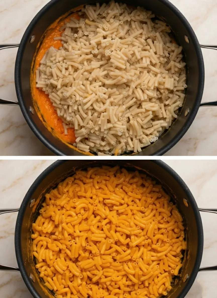 cooked macaroni noodles A two-photo collage showing the final steps of making the boxed mac and cheese upgrade. Top: Plain cooked macaroni noodles being poured into a pot of bright orange, thick cheese sauce. Bottom: The noodles fully stirred into the sauce, creating a smooth and uniform creamy pasta dish.