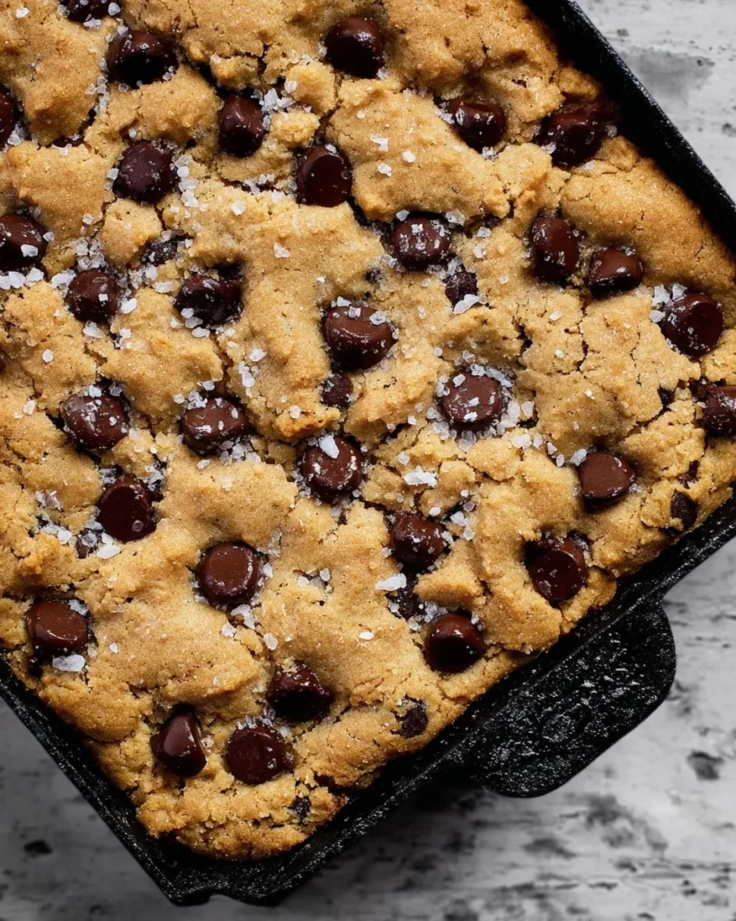 Overhead shot of a golden brown chocolate chip skillet cookie baked in a cast iron pan, generously topped with melted chocolate chips and flaky sea salt.