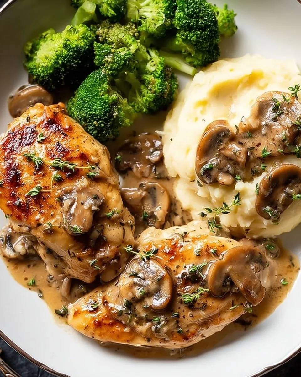 Overhead view of a complete dinner plate featuring golden-brown chicken and mushrooms smothered in creamy sauce, served alongside fluffy mashed potatoes and steamed broccoli florets.