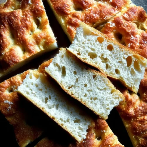 Slices of sheet pan focaccia arranged on a dark board to display the airy, bubbly crumb texture and golden-brown salted crust.