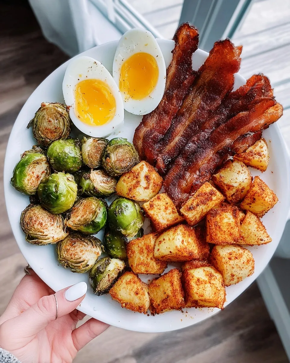breakfast plate featuring halved boiled eggs Top-down view of a hand holding a white breakfast plate featuring halved boiled eggs with jammy orange yolks, crispy bacon strips, seasoned roasted potatoes, and roasted Brussels sprouts.