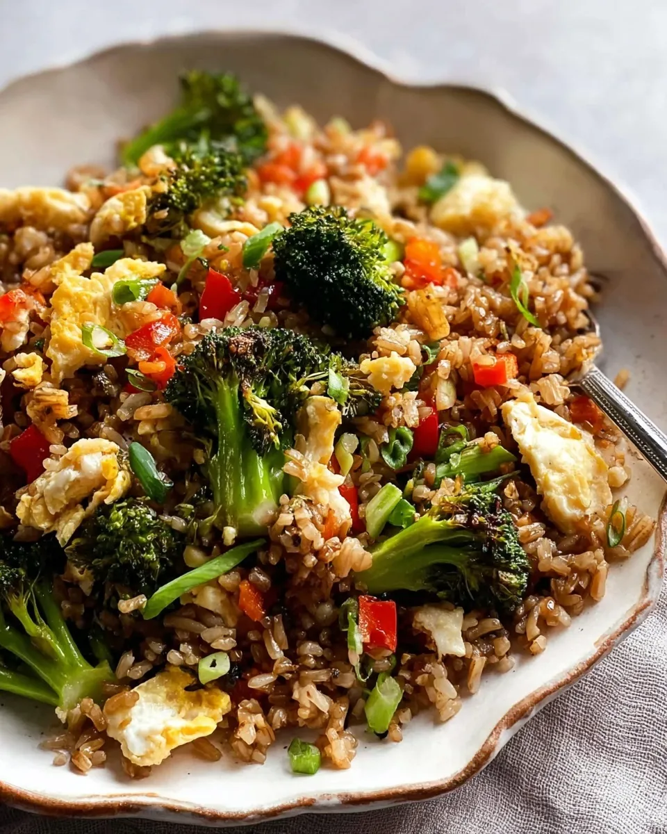 Close-up of a hearty vegetable brown rice stir-fry featuring broccoli florets, diced red bell peppers, scrambled eggs, and sliced green onions on a rustic ceramic plate.
