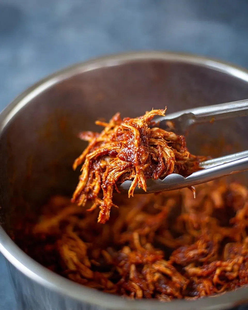 shredded BBQ chicken Close-up of metal tongs lifting a generous portion of saucy, shredded BBQ chicken from inside a stainless steel Instant Pot.