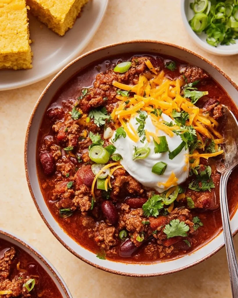 Overhead shot of a bowl of beef and bean chili loaded with toppings like sour cream, cheddar cheese, and green onions, served with a square of golden cornbread on the side.