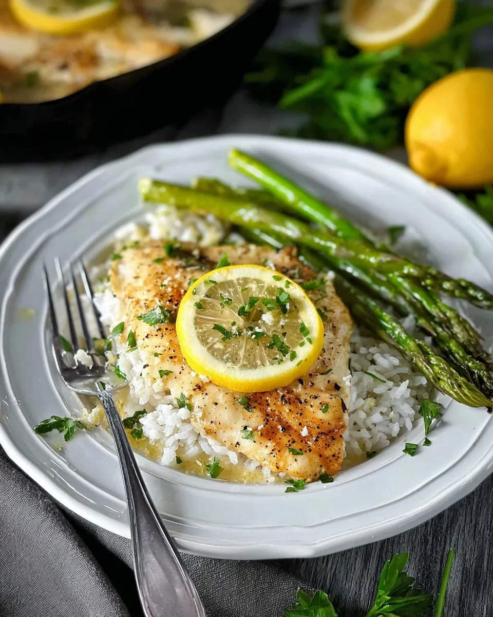 A beautifully plated One-Skillet Lemon Butter Tilapia fillet resting on a bed of fluffy white rice, served with roasted asparagus spears and garnished with a fresh lemon slice and parsley.