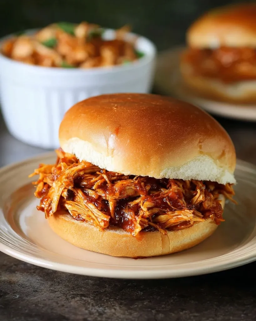 Close-up of a juicy Instant Pot pulled chicken BBQ sandwich on a soft hamburger bun, with a white ramekin of extra shredded chicken in the blurred background.