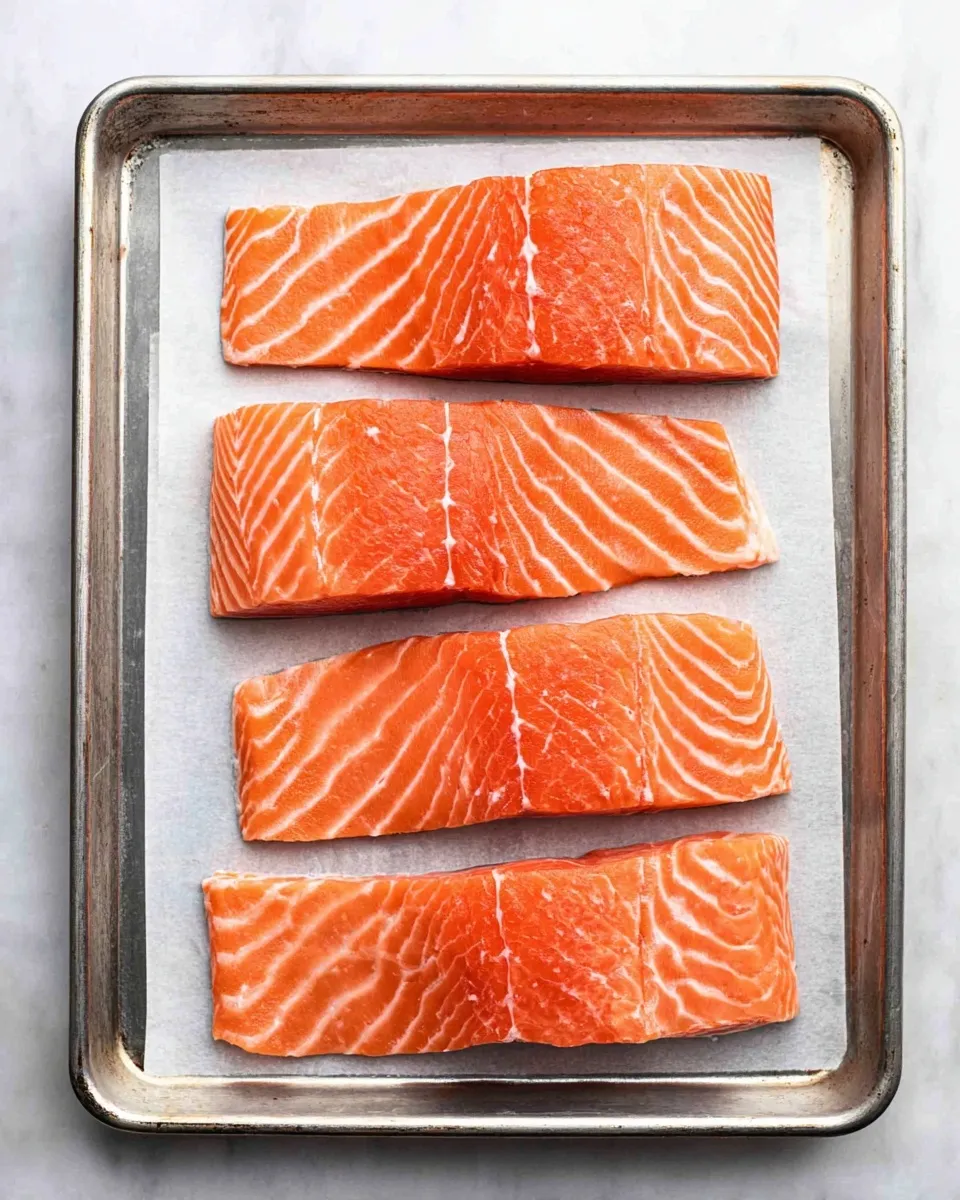 Four fresh, raw salmon filets with vibrant orange flesh and white marbling arranged in a single layer on a parchment-lined metal baking sheet.