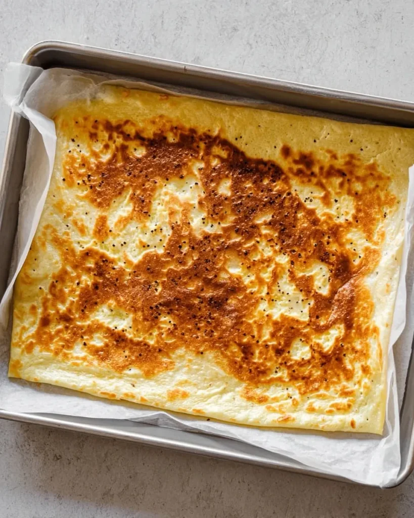 A large, golden-brown baked cottage cheese wrap sheet resting on parchment paper inside a baking pan. The surface has toasted brown spots and looks soft and pliable, fresh from the oven.