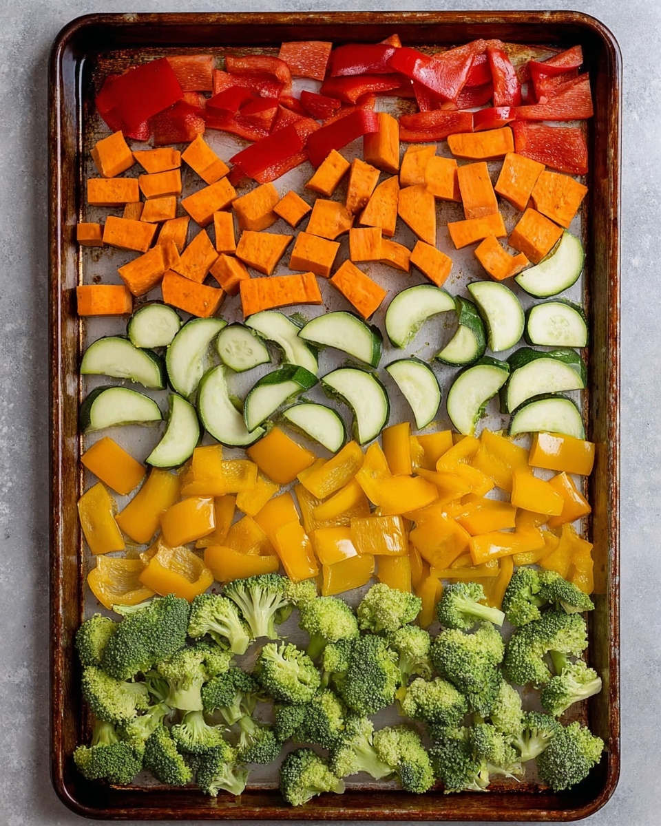 Overhead view of a baking sheet featuring raw, chopped vegetables arranged in organized color-blocked rows. The selection includes sliced red bell peppers, cubed sweet potatoes, zucchini half-moons, chopped yellow peppers, and broccoli florets.
