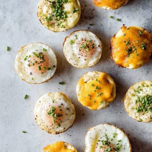 Top-down view of several baked egg muffins on a grey stone surface, including variations with whole sunny-side-up style eggs, melted cheddar cheese toppings, and fresh chives sprinkled over white egg bases.