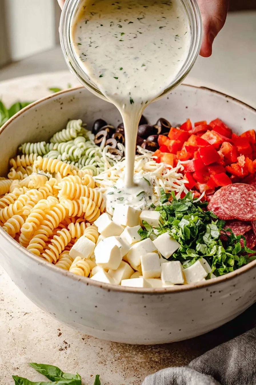 Action shot of thick, creamy homemade Italian dressing being poured from a jar over a bowl of pasta salad ingredients, coating the rotini, salami, mozzarella, and red peppers.