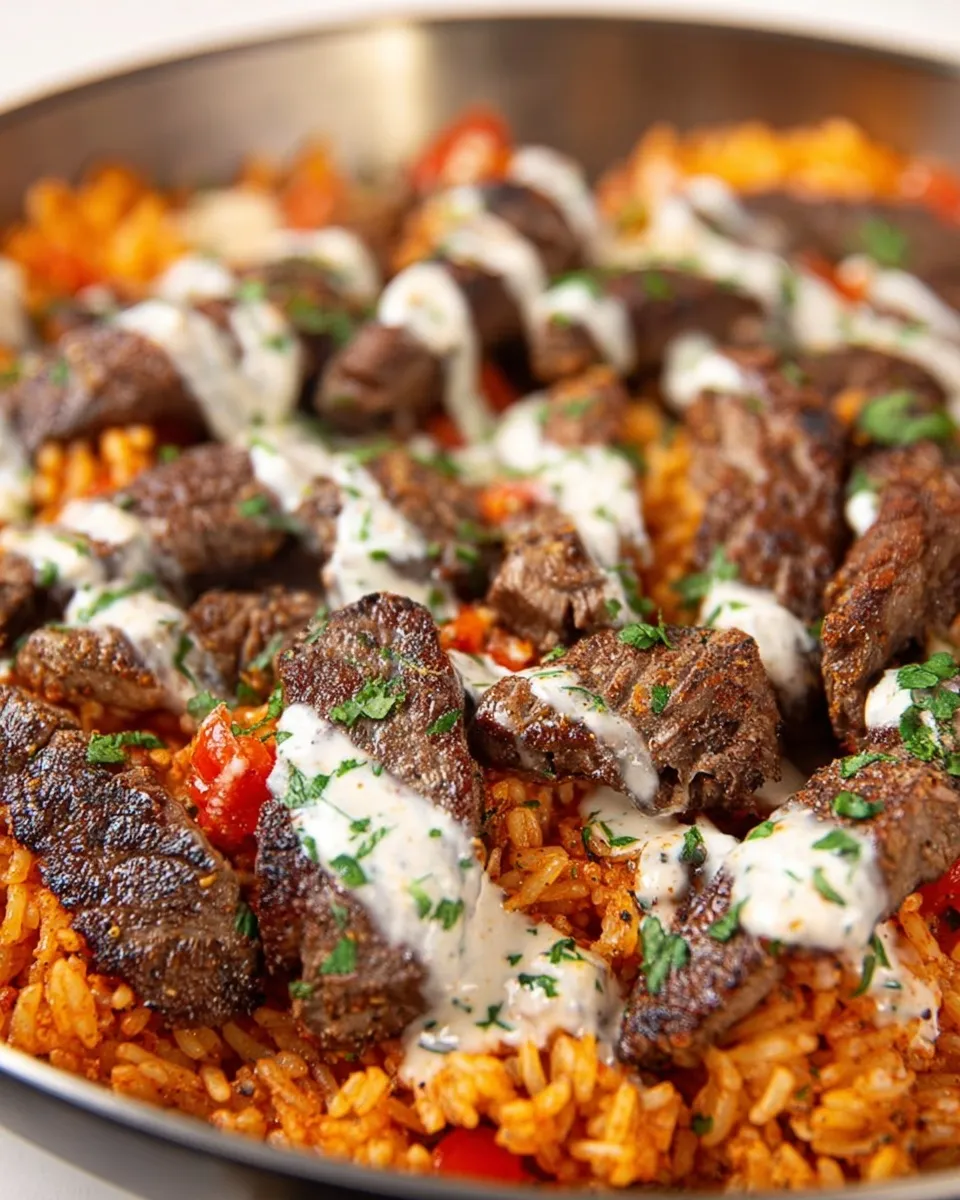 Close-up view of a skillet containing seasoned Mexican rice topped with seared sirloin steak strips, drizzled with creamy white queso sauce, and garnished with fresh chopped cilantro.