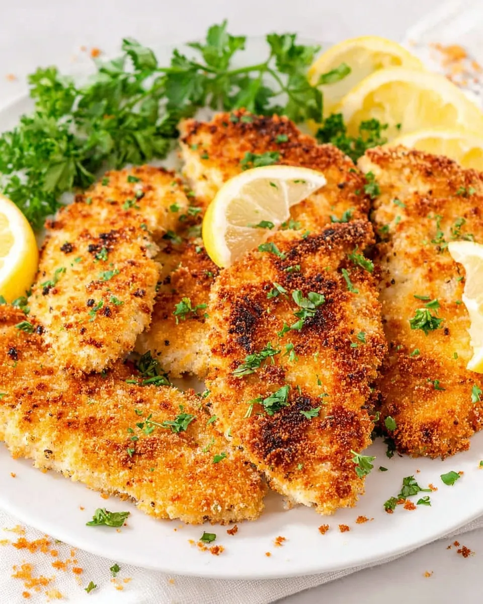 A white plate filled with golden-brown Crispy Oven-Baked Chicken Breast cutlets, garnished with chopped parsley and fresh lemon slices.