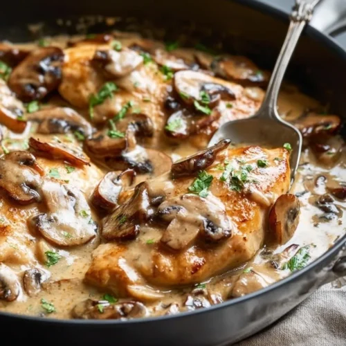 Side-angle view of one-pan chicken and mushrooms in a black skillet. A silver spoon rests in the rich, creamy mushroom sauce surrounding golden-brown chicken cutlets, all garnished with fresh chopped parsley.