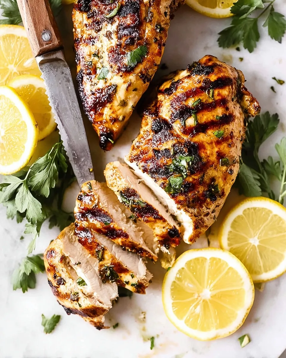 Close-up overhead shot of grilled chicken breasts on a marble surface, one sliced to reveal juicy white meat, garnished with fresh parsley and lemon slices next to a knife.