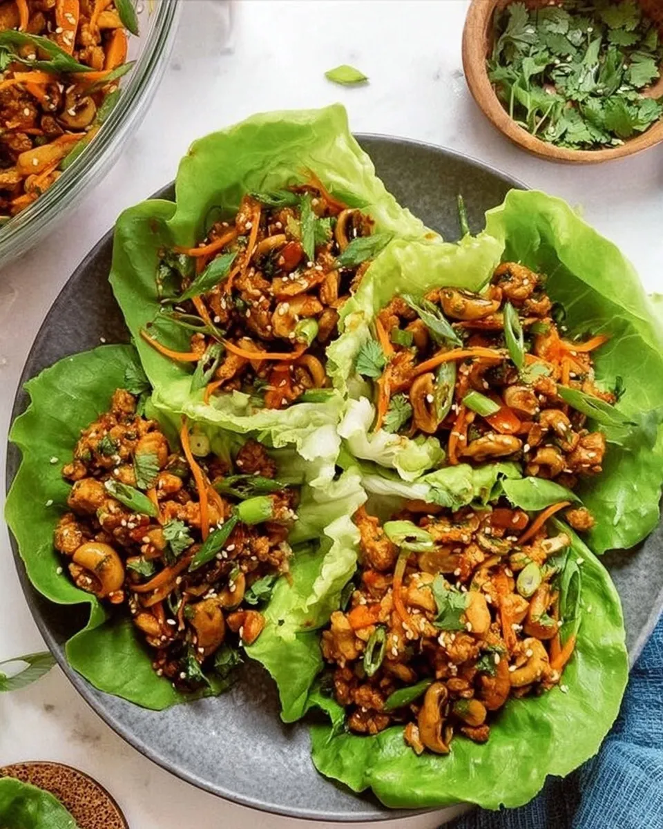Four vibrant Asian chicken lettuce wraps arranged on a dark plate, garnished with shredded carrots, fresh cilantro, sliced green onions, and toasted sesame seeds.