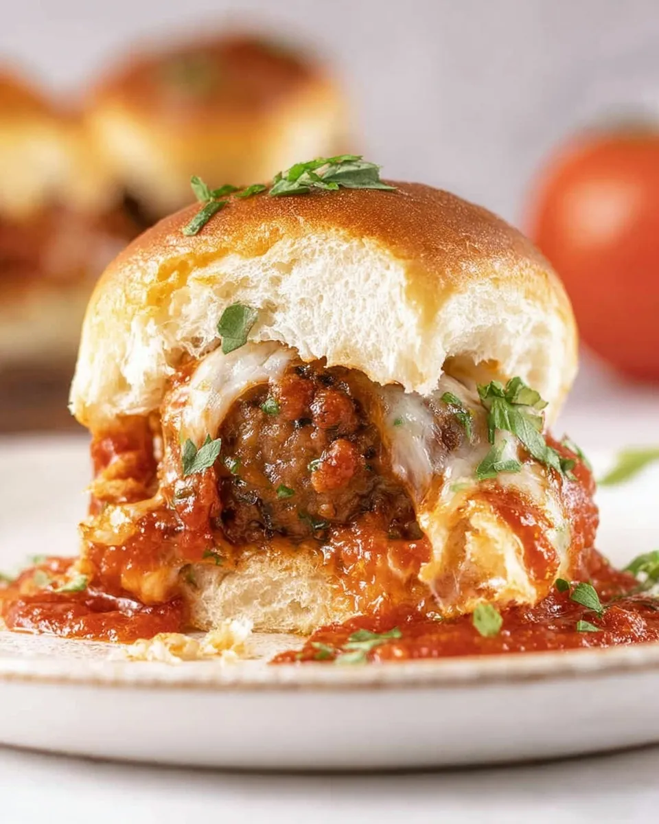baked meatball slider Close-up of a single baked meatball slider on a white plate, overflowing with marinara sauce and melted white cheese, garnished with fresh herbs.
