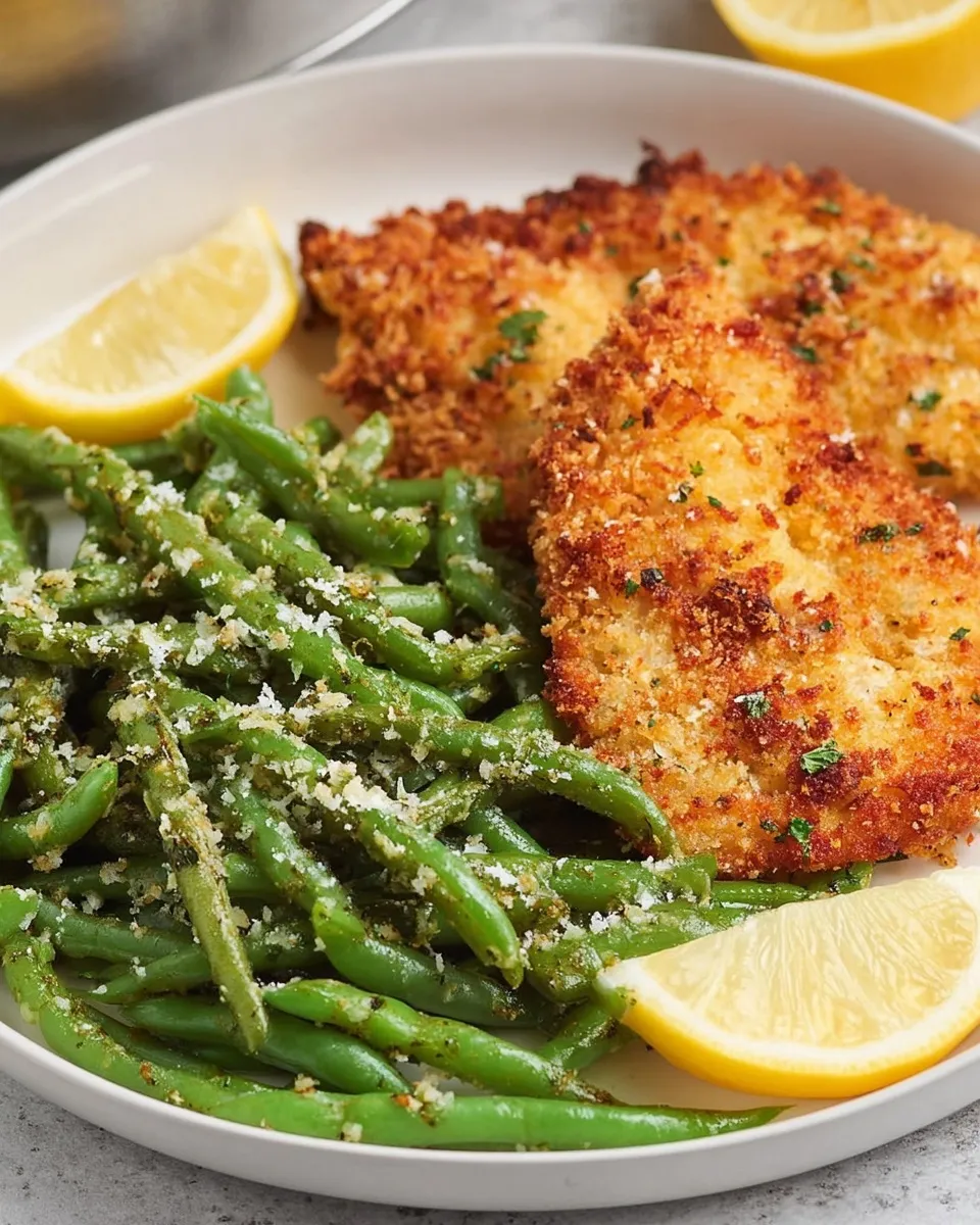 Microwave steamed green beans topped with grated Parmesan cheese served on a white plate next to crispy breaded chicken cutlets and fresh lemon wedges.
