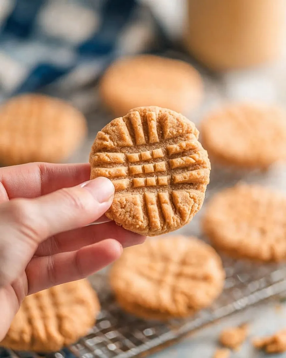 A close-up of a hand holding a soft, golden-brown 4-ingredient peanut butter cookie featuring the classic fork criss-cross pattern, with a wire rack of cookies blurred in the background.