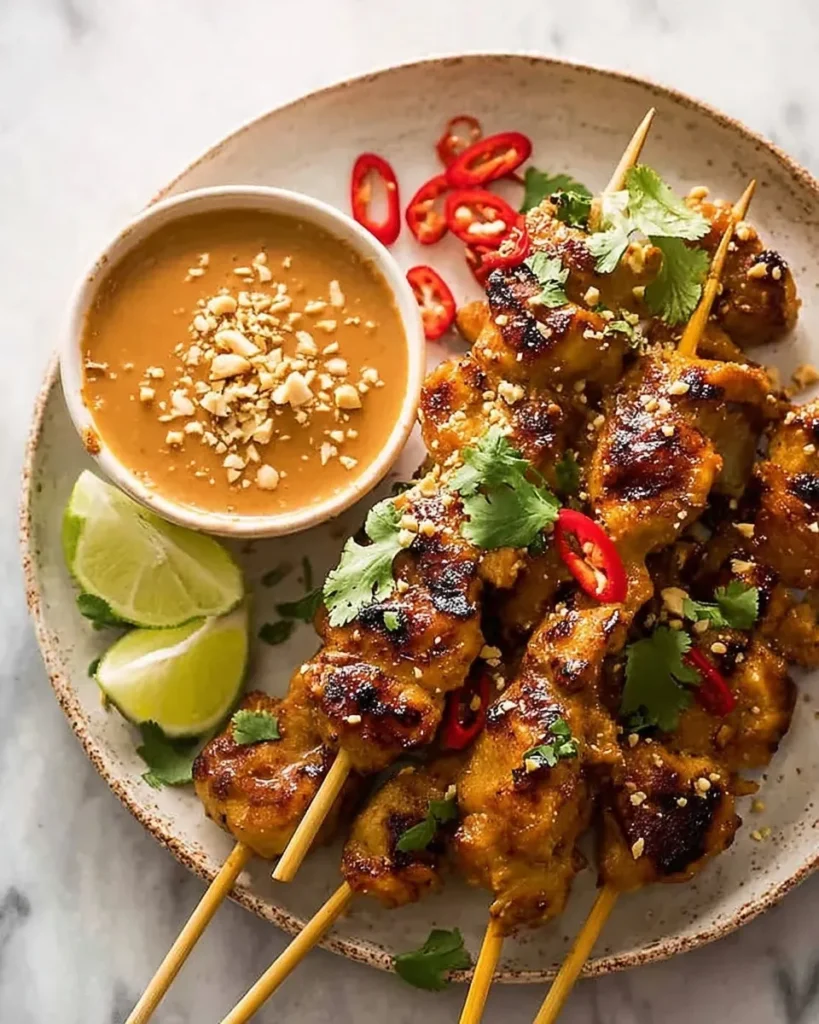 Overhead shot of grilled Thai chicken satay skewers on a speckled ceramic plate, garnished with fresh cilantro, crushed peanuts, and sliced red chilies. A small bowl of creamy peanut sauce and fresh lime wedges sit on the side.