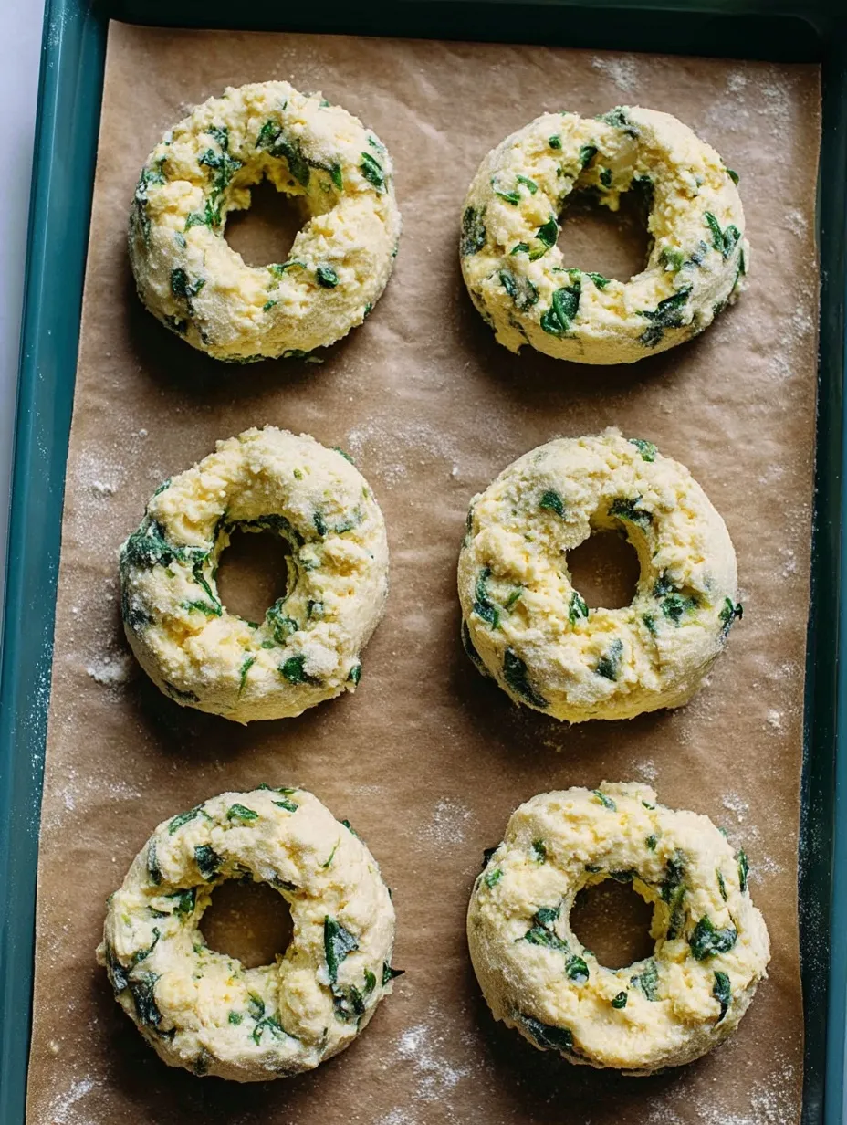 Overhead view of six raw spinach cottage cheese flagels arranged on a parchment-lined baking sheet. The unbaked dough rings are speckled with chopped spinach and dusted with flour, ready for the oven.