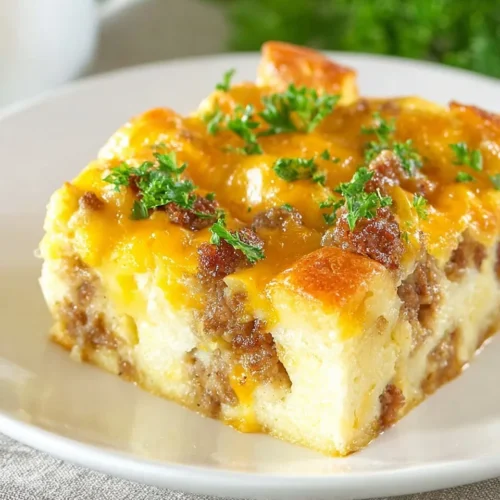 Close-up view of a square slice of overnight sausage egg breakfast casserole on a white plate, showing fluffy egg custard, browned sausage crumbles, melted cheddar cheese, and fresh parsley garnish.