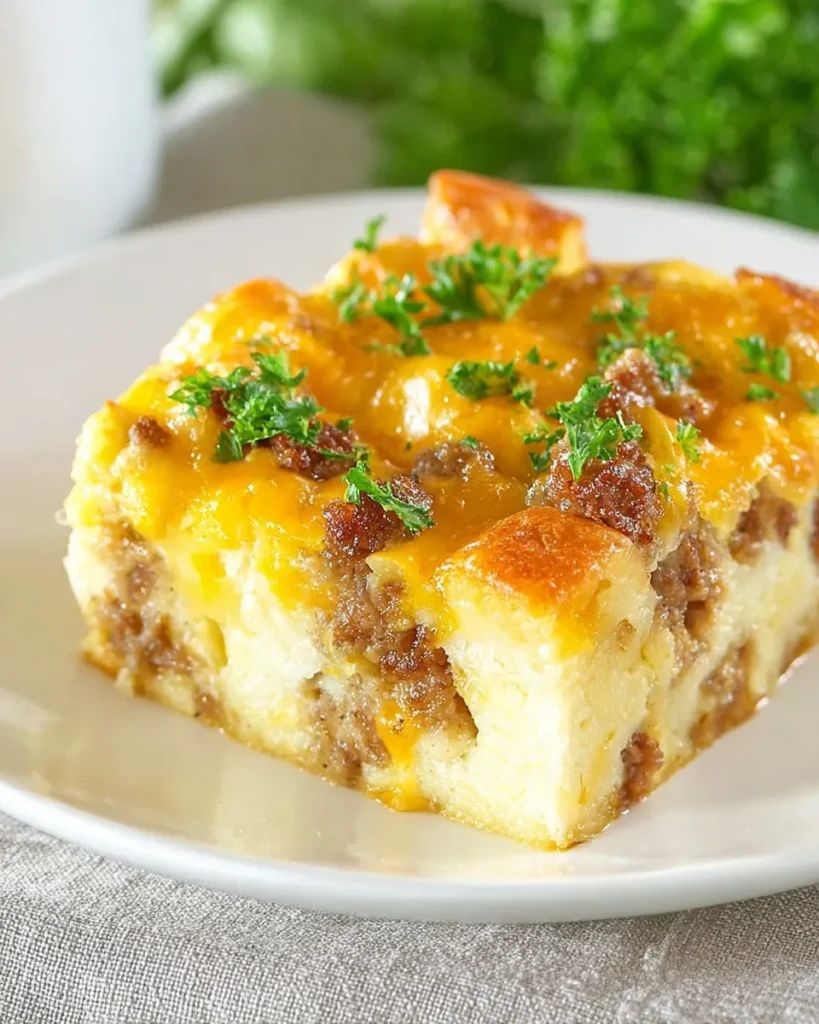 Close-up view of a square slice of overnight sausage egg breakfast casserole on a white plate, showing fluffy egg custard, browned sausage crumbles, melted cheddar cheese, and fresh parsley garnish.